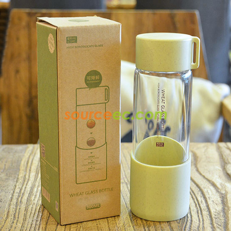 Customization 300ML Wheat Straw Portable High Borosilicate Glass Cup Corporate Gifts