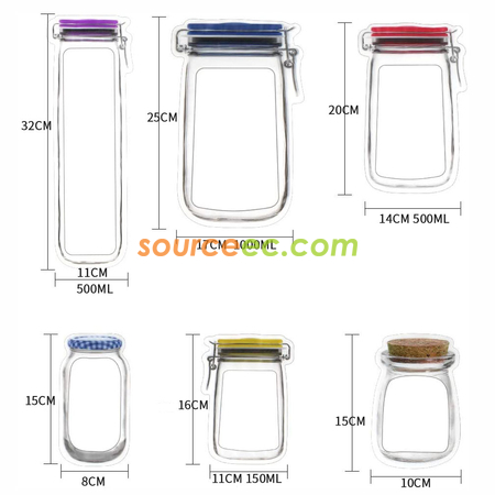 Customization Reusable Mason Bottle Shape Zip-Lock Food Storage Bag Corporate Gifts