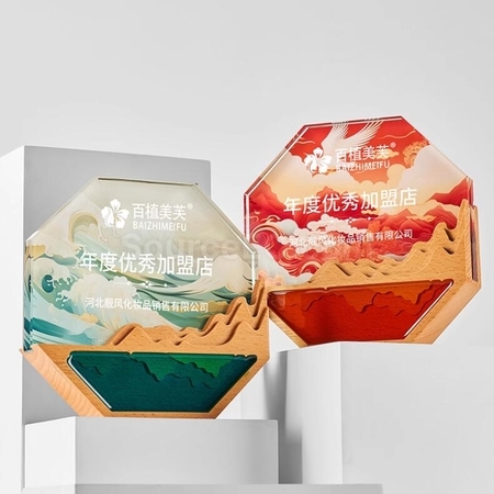 Customization Octagonal Crystal Color Printed Solid Wood Trophy Corporate Gifts