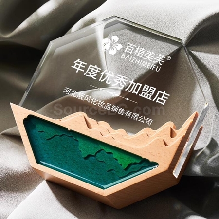 Customization Octagonal Crystal Color Printed Solid Wood Trophy Corporate Gifts