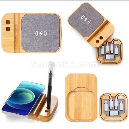 Customization Bamboo Wireless Charging Mobile Phone Holder + Data Cable Corporate Gifts