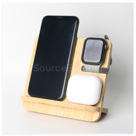 Customization Bamboo And Wood Three-In-One Wireless Charging Stand Corporate Gifts